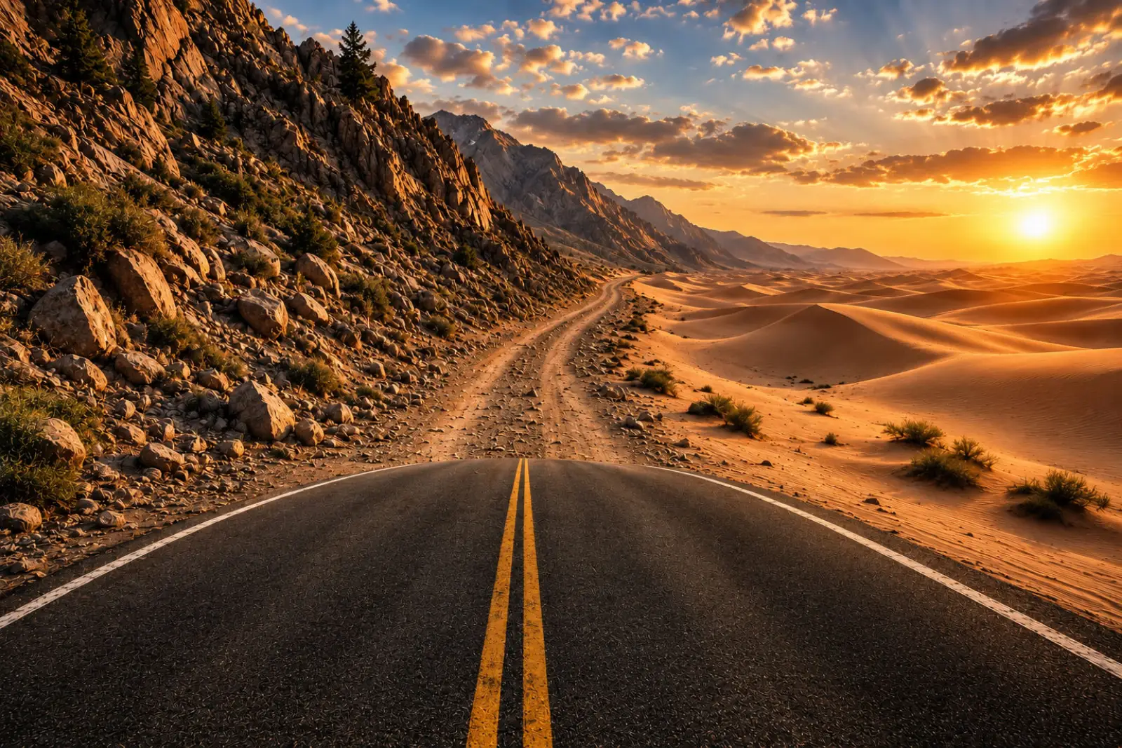 A paved road ending in a dirt track between a rocky mountainside and sand dunes at sunset.